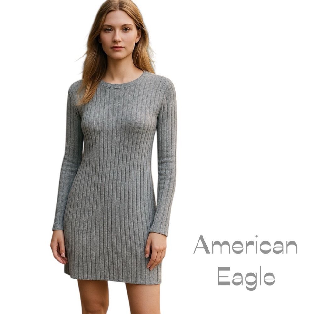 American Eagle Gray White Ribbed Y2K Classic Sweater Dress NWOT Size M